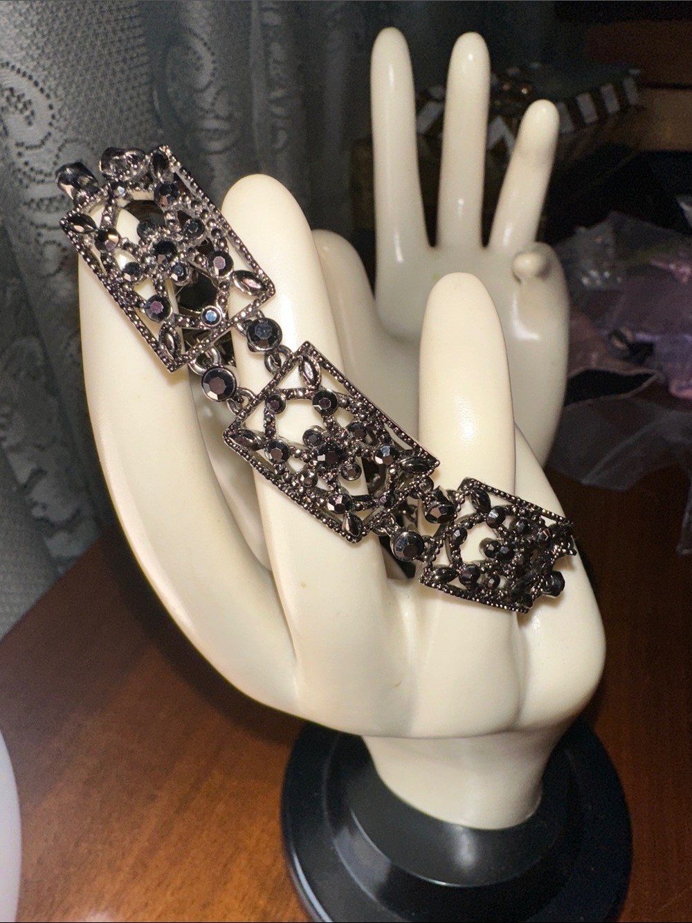 Vintage Monet Dark Gunmetal Link Bracelet with Marcasite Crystals